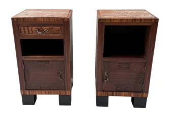 Two Art Deco Nightstands or Bedside Tables with Multi-Colored Marble Tops, 1930s
